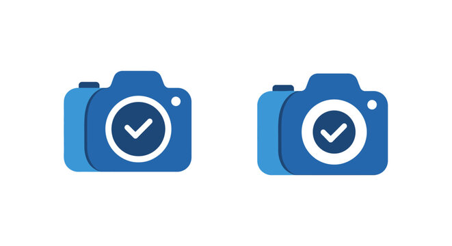 Two blue camera icons with checkmarks on lenses.