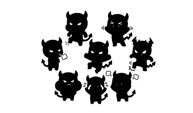 Cute Little Devil and Demon Silhouette Character Set Featuring Halloween Monster Expressions, Evil Moods, Pitchfork Elements, Horns, and Whimsical Mascot Designs