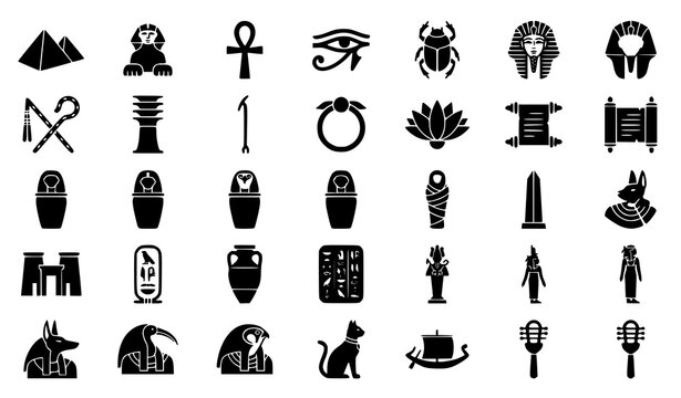 Ancient Egyptian Culture and History Vector Icon Set Featuring Pyramids, Pharaonic Symbols, Ankh Cross, Hieroglyphics, Scarab Beetle, and Historical Deity Art Elements