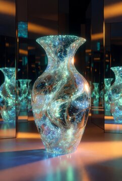 Vaso di vetro luminoso astratto con galassia interna e riflessi su specchi