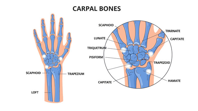 Human Hand Anatomy Diagram with labeled carpal bones and wrist structure, ideal for medical education and orthopedic presentations.