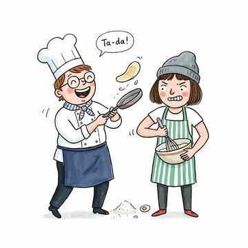 Comic illustration of two young cooks making a mess while flipping pancakes.