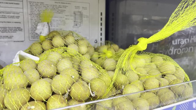 Fresh Longan Fruits in Yellow Mesh Sack at Market