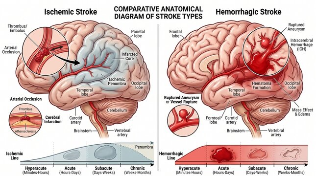 Comparative Anatomical Diagram of Ischemic and Hemorrhagic Stroke Types, showcasing brain structures, arterial occlusion, aneurysm rupture, and progression from hyperacute to chronic stages.