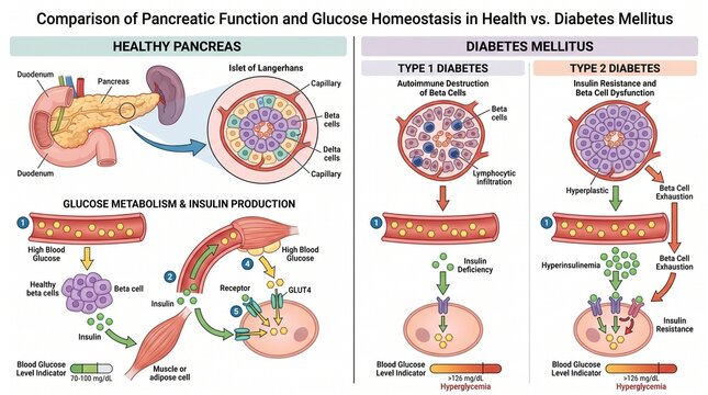 Medical diagram comparing pancreatic function and glucose homeostasis in health versus type 1 and type 2 diabetes mellitus.