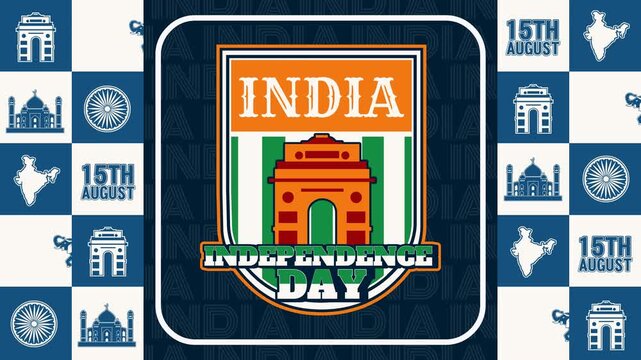 4K India Independence Day loop video with a central tricolor badge over checkered side patterns of cultural icons like the Taj Mahal, elephants, and maps for events and screen displays.