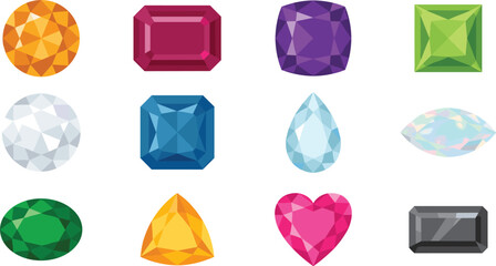 Faceted Precious Gemstone Vector Icon Set Featuring Ruby Diamond Sapphire Emerald Opal Heart and Cushion Cut Jewels for Game UI and Graphic Designs © Mdsahidul