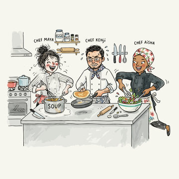 Trio of diverse professional chefs preparing soup salad and flipping pancakes at a kitchen counter workspace illustration.