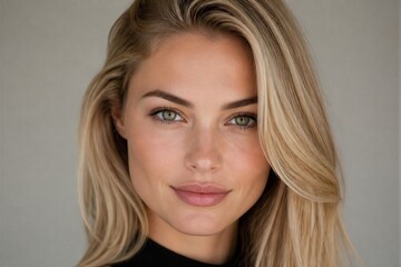 Fototapeta premium A woman stands facing the camera with long blonde hair and clear green eyes. She has a neutral expression on her face. The background is plain and does not distract from her features.