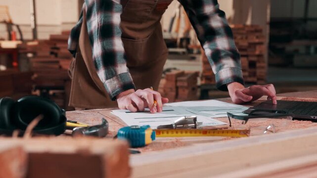 Paperwork, carpentry and hands of man in workshop for inspection, furniture quote and planning. Laptop, carpenter and person with online report for woodworking, timber project and wood production