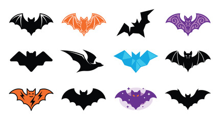 Fototapeta premium Colorful Halloween Bat Vector Collection – Flying Bat Icons, Stickers, Logos and Geometric Bat Set, Halloween Bat Sticker and Logo Collection with Colorful Flying Bat Vector Pack, 