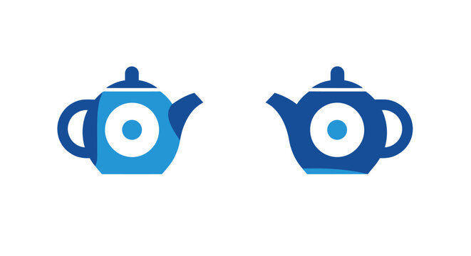 Two blue teapot icons with circular design elements.