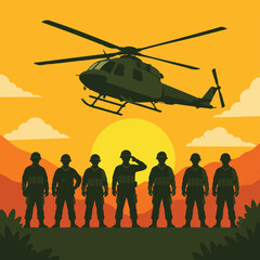 Fototapeta premium military soldiers silhouette and helicopter at sunset background