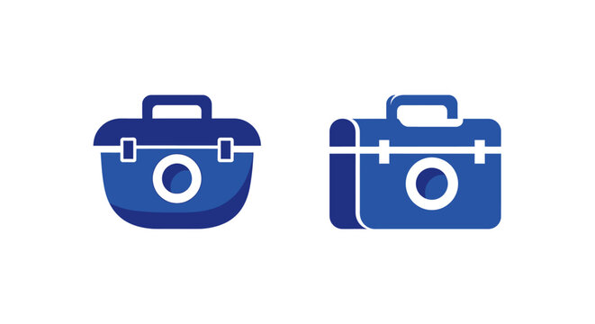 Blue Suitcase and Camera Bag Icons Set.