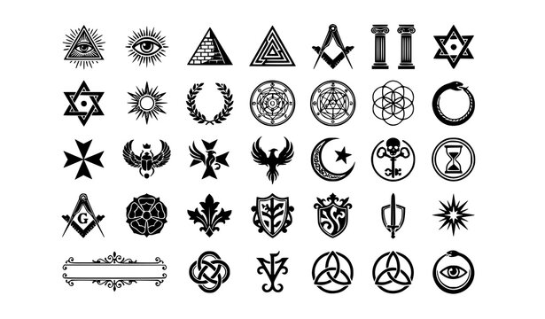 All seeing eye and Masonic inspired symbol vector set with geometric decorative icons