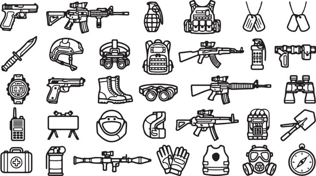 Set of military equipment and army gear icons featuring guns and tactical supplies
