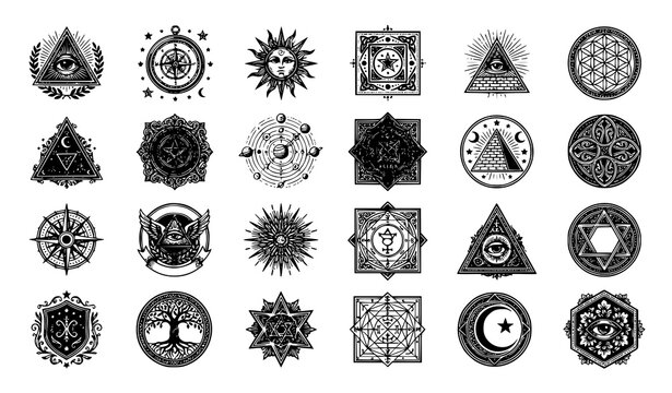 Esoteric symbol vector bundle with all seeing eye pyramid and geometric emblem collection