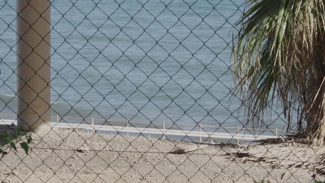 Sea View From Construction Site With Pillar, Wire Fence, Palm tree and road with car.  [180&deg; shutter angle n&deg; 1/3 Series 70mm Sony G] from ProRes 442 - 4K60p 10 bit S-Log3, All intra XAVC I