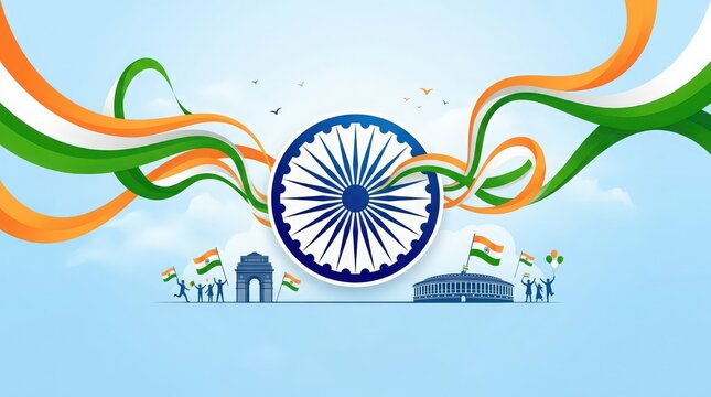 India independence day celebration background with ashoka chakra and landmarks