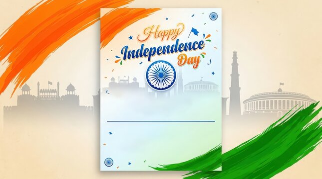 Vibrant indian independence day greeting card with patriotic colors and landmarks
