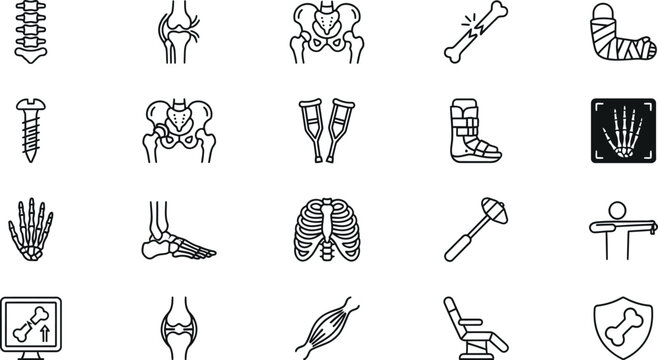 Comprehensive orthopedic medicine and skeletal injury icons with orthopedic skeletal fracture skeleton physiotherapy hospital physical diagnostic