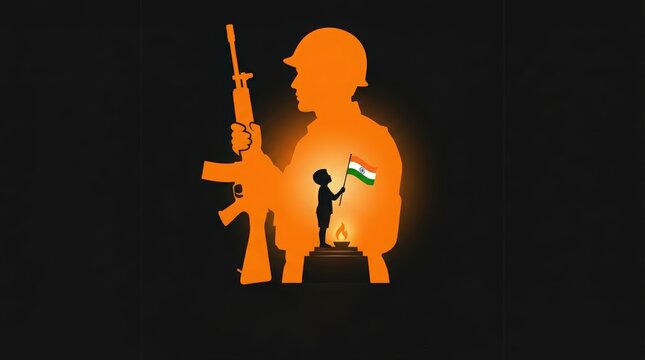 Tribute to indian soldier with child holding national flag