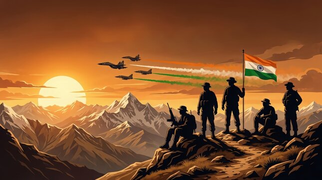 Indian military forces celebrating patriotism on a mountain peak at sunset