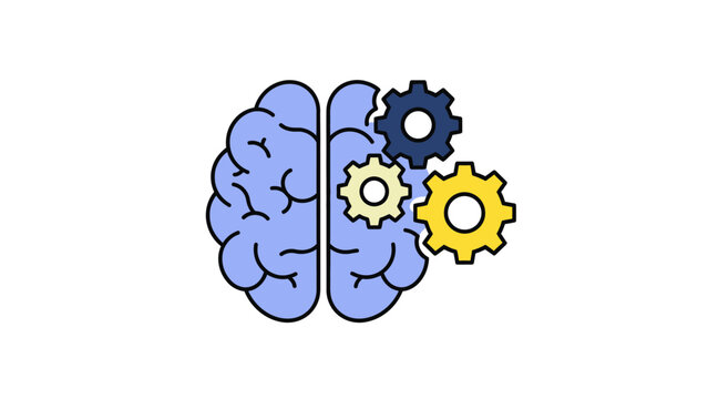 Human Brain with Gears Illustration featuring blue brain icon and colorful mechanical cogs on white background ideal for mental health, psychology, and engineering concepts.