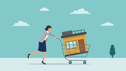 Woman pushing a shopping cart with a small house inside web banner and landing page illustration © Ahsan