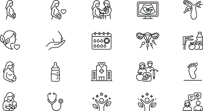 Pregnancy and prenatal care line icon set for maternity and childbirth services with pregnancy maternity prenatal childbirth ultrasound hospital healthcare obstetrics maternal gynecology