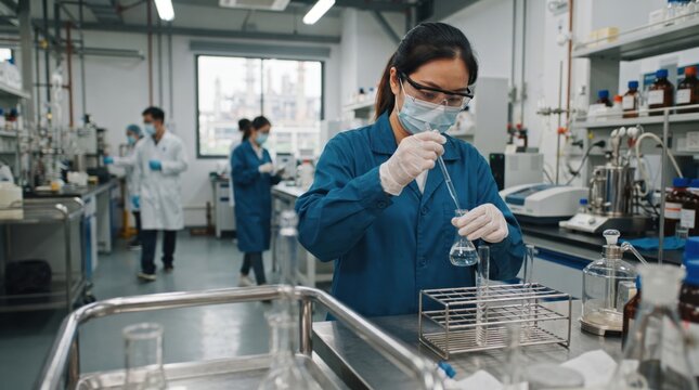 Woman lab technician wearing mask and goggles performing chemical analysis on oil sample in refinery laboratory. Specialist testing fuel quality for petrochemical industry production.