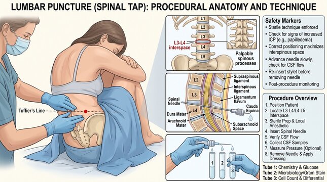 Medical illustration of a lumbar puncture (spinal tap) procedure showing anatomical landmarks, patient positioning, spinal needle insertion, and cerebrospinal fluid (CSF) collection steps.