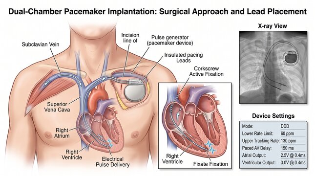 Medical Illustration of Dual-Chamber Pacemaker Implantation Showing Surgical Approach, Lead Placement in Heart, X-ray View, and Device Settings