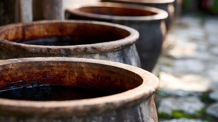 Naklejka premium A row of large traditional clay pots filled with dark liquid arranged outdoors on a stone paved surface under natural light