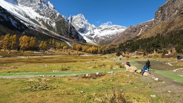 Yanziyanwo view point of  Yellow Tree and stream  with Snow Mountain  in Mount Bipenggou National Park in Xiaojin Sichuan Province China - Stable Footage Autumn 