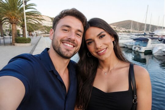 A couple stands together smiling for a selfie at the harbor. They are near boats and palm trees. The sun is setting in the background, creating a warm scene.