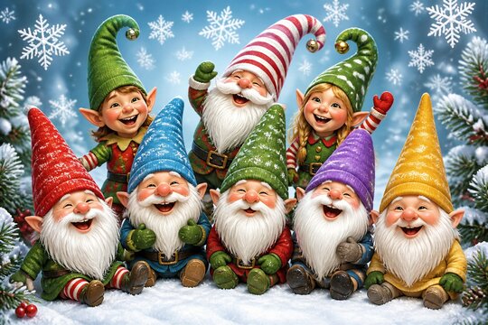 A group of gnomes with different colored hats sit together in the snow. They smile and laugh while surrounded by Christmas trees and snowflakes. It is a festive winter scene.