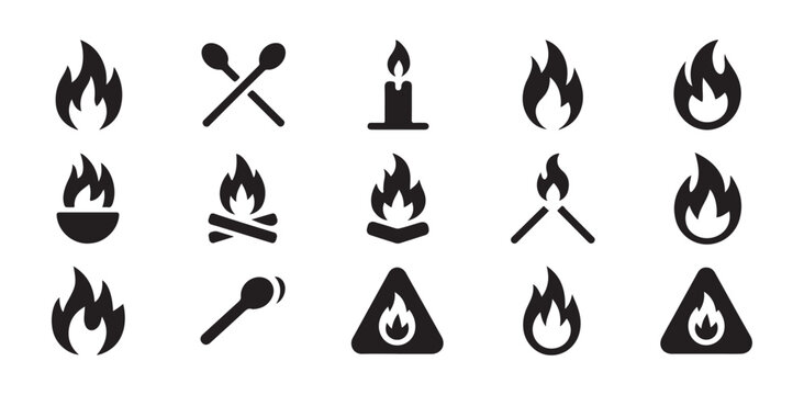 Collection of fire related icons including candles matches and campfires for web and print design applications.