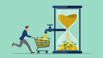 Businessman collecting coins pouring from hourglass into shopping cart web banner and landing page illustration © Ahsan