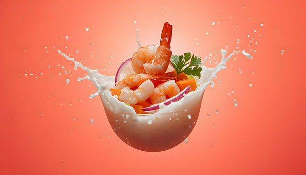 Shrimp and Vegetables Splashing in Milk Bowl on Orange Background