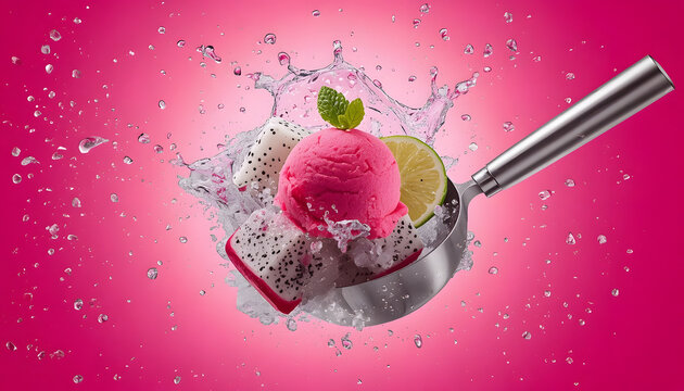 Pink Ice Cream Scoop with Lime Splashing in Metal Spoon on Pink Background