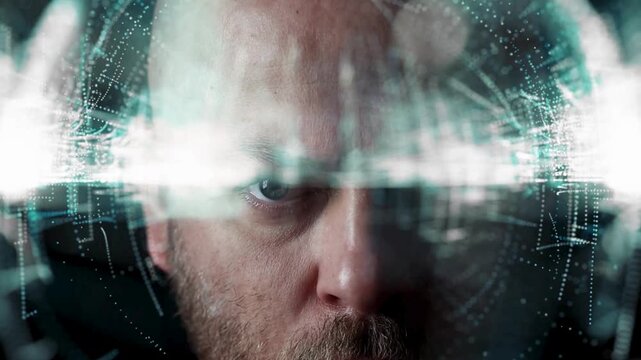 Futuristic Cyberpunk Man with Digital HUD Overlay Loop.