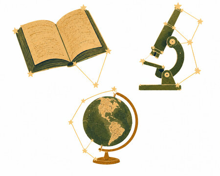 Constellation style education elements icon set with book microscope and globe