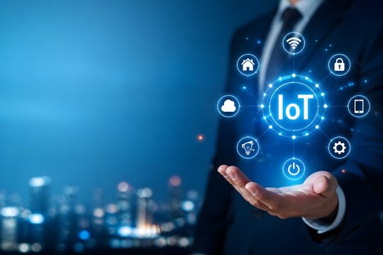 Professional businessman holding a glowing digital IoT interface with network connectivity icons for smart home and industrial automation, representing modern cloud technology and global data