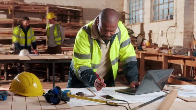 Architect, man and writing with blueprint on laptop in workshop for building project or structure. Male person, computer or checking floor layout for construction design, safety or security on site