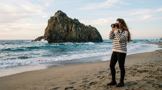 Woman photographer capturing coastal beauty