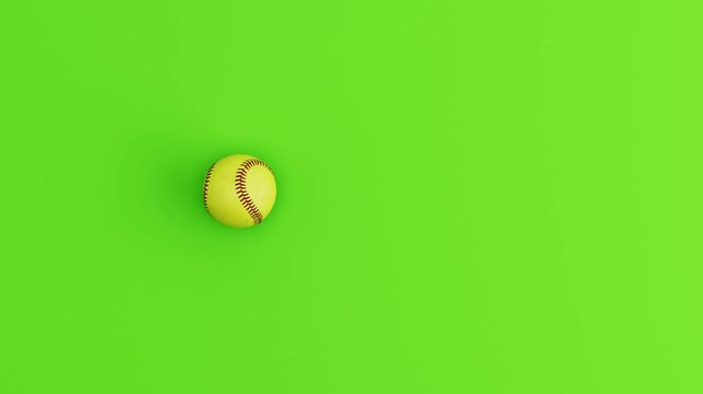 Softball Ball Rolling in Circular Loop on Green Background. 3D Animation.