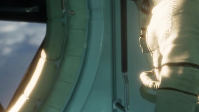An astronaut in a spacesuit is seen in a low light setting, preparing for a spacewalk. The scene focuses on the textures and features of the suit while a view of outer space is visible.