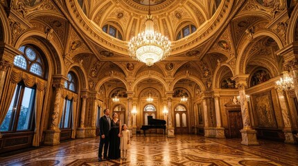 Obraz premium Elegant family portrait in opulent ballroom with grand piano
