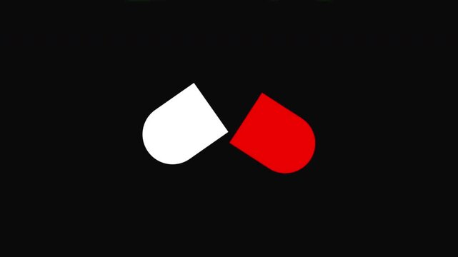 Red and white capsule opening and closing animation on black